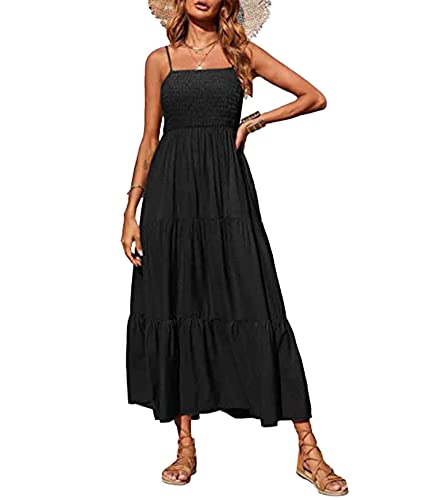 Image of Sexyshine Women's Square Neck Halter Lace Up Criss Cross Maxi Dress Tie Back Sleeveless Smocked Ruched A Line Dress