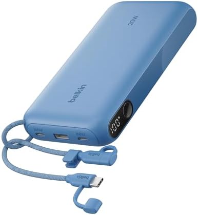 Belkin Portable Charger, USB-C Power Bank 20,000mAh w/ 2X USB-C Ports & 1x A Port, Digital Battery Display, 20W Charging – iPhone 17, Air, Pro, Samsung Galaxy S25, Pixel 10, iPad, & More – Blue