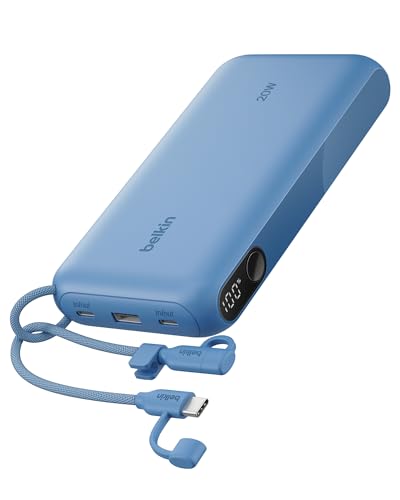 Belkin Portable Charger, USB-C Power Bank 20,000mAh w/ 2X USB-C Ports & 1x A Port, Digital Battery Display, 20W Charging - iPhone 17, Air, Pro, Samsung Galaxy S25, Pixel 10, iPad, & More - Blue