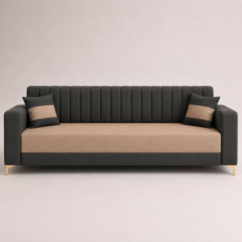 Image of FURNY Signature Regalia 3 Seater Sofa Set | Boston Fabric | 40D Foam + Zigzag Spring | 3-Yr Warranty (Ash Grey & Warm Beige) | Modern Living Luxury Sofa Set for Home, Office & Hotel Spaces