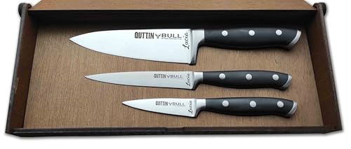 Quttin BULL Set 3 Cuchillos Cocina profesionales caja Regalo Madera Personalizados