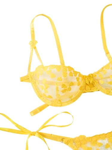 Image of Lilosy Sexy Tie Side Cute Underwire Push Up Strappy Embroidered Mesh Sheer Lingerie Set