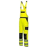 Portwest PW344 Mens Hi Vis Bib and Brace Work Overalls Durable Texpel Stain Resistant Water Resistant Polycotton Dungarees Triple Stitch Multi Pockets Adjustable Certified Workwear, Yellow/Black, XL