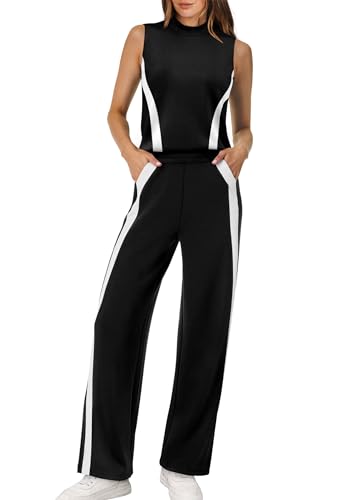 XIEERDUO Two Piece Sets for Women Spring Summer Outfits Women's Clothing Matching Lounge Sets Beach Vacation Essentials Travel Mock Neck Luxury Fashion Track Suits Black M