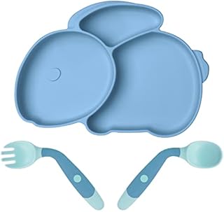 Vicloon Silicone Suction Plate for Toddlers, Self Feeding Training Divided Plate, Non Slip Baby Weaning Plate with Spoon and Fork, Baby Toddler Plate for Kids High Chairs and Tables (Blue)