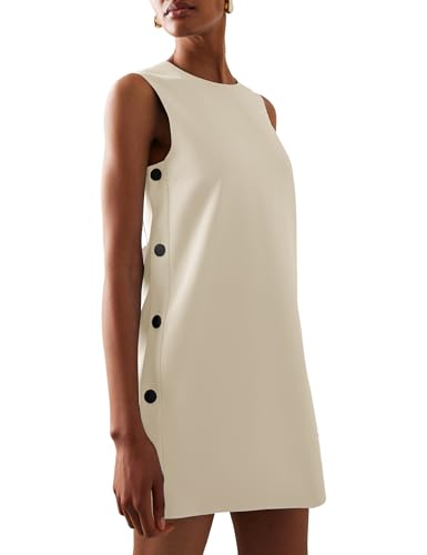 Image of Dqbeng Women's Casual Mini Shift Dress Tunic A-Line Sleeveless Buttoned Summer Dresses with Back Zipper (Beige-M)