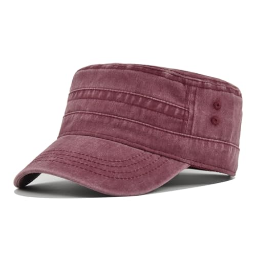 Agturber Unisex Cadet Army Cap Vintage Washed Cotton Military Hat Adjustable Flat Top Baseball Cap Wine Red