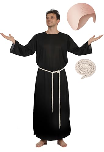 POEWAUVE Mens Uncle Costume Cosplay Set with Long Black Robe Cord Belt Bald Cap Wig Cap for Halloween Costume Party (standard)