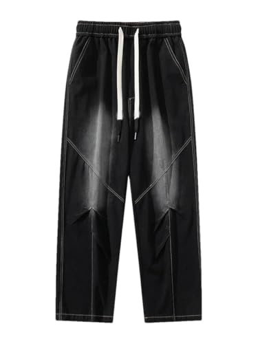 Men's Jeans Drawstring Wide Leg Straight Washed Cotton Denim Pants Casual Baggy Trousers