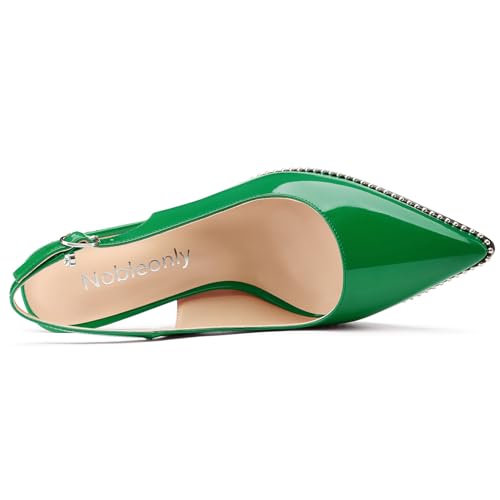 Image of NobleOnly Slingback Beaded Pumps for Women High Stiletto Heel Pointed Toe Slip-on Dress Sandals Adjustable Buckle Rhinestone Patent Leather 3.9 Inches Heels