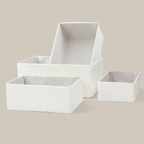 Cesta de almacenamiento de mimbre reciclado, cestas de almacenamiento de cuerda de papel para organizar contenedores para estantes, armarios, cajones, cestas tejidas pequeñas, juego de 4