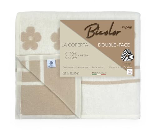 Tex family Manta de lana – Bicolor flor – pura lana virgen – Doble cara – Avellana claro/oscuro – Matrimonial 2 plazas – 210 x 250 cm