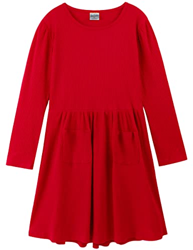 Noomelfish Girls Long Sleeve Ribbed Knit Dress Solid Color Casual Pocket Dresses (4-12 Years)