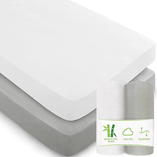 Image of Muslin Crib Sheets for Boys and Girls 2 Pack, Ultra Soft Muslin Fitted Baby Crib Sheet for Standard Crib Mattress & Toddler Bed Mattress, Grey & White