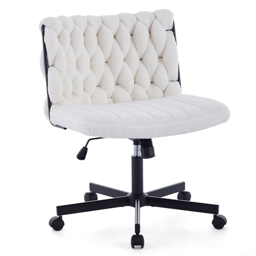 GarveeHome Modern Armless Criss Cross Office Desk Chair, Beige, 300 lbs Weight Capacity, Swivel, Cross Leg Base, Faux Fur Seat, Adult, Hard Floor