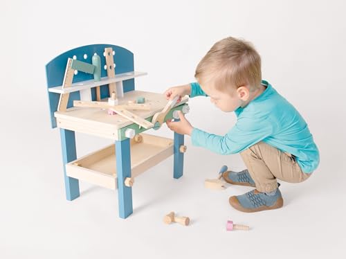 Image of Compact Wooden Workbench by Small Foot -Tool Bench Set in Nordic Theme - 21+ Piece Playset Includes Hammer, Saw, Screwdriver, Nails, Screws and Measuring Stick - Improves Motor Skills - Ages 3+ Years