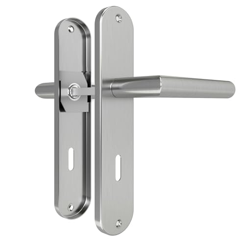 DIYGEEK Türklinke für Drückergarnitur Zimmertür, Türgriffe Innentüren Türbeschlag Langschild, Türgriff-Set Edelstahl 72MM-BB-Buntbart, L-Form, Silber Gebürstet