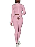 Neyaolk Casual Two Piece Outfits Women - Solid Zip Up High Neck Long-sleeve Tracksuits High Waisted Pencil Pants Clubwear Set Pink S