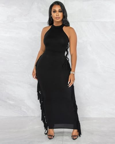 Image of 2 Piece Outfits for Women Sexy Halter Neck Sleeveless Crop Tops Ruched Bodycon Dresses Jumpsuits Fringe Skirt Sets
