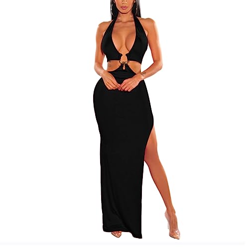 LuFeng Women's Sexy Sleeveless Halter V Neck Side Waist Cutout Backless Bodycon High Slit Maxi Long Dress