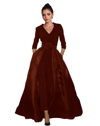Mother of the Bride Dresses Pant Suits V Neck Formal Jumpsuits Outfit Sets for Wedding Detachable Skirt Burnt Orange