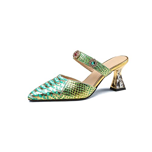 TinaCus Pointed Toe Genuine Leather Handmade Jewelry Décor Mid Heels Women's Elegant Slippers