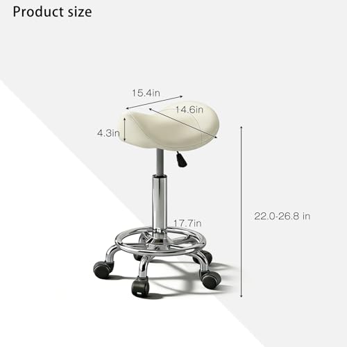 Image of Saddle Stool with Wheels, Adjustable Rolling Stool Chair with Back Support, Ergonomic PU Leather Saddle Chair for Salon, Massage, Tattoo, Medical, Spa, Office (White, 1PCS)