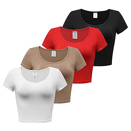 Formeet17 Women’s 4 Pieces Basic Crop Tops Scoop Neck Cap Sleeve Shirts