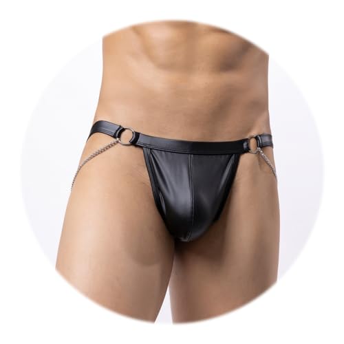 Evankin Men Sexy Leather Thong with Metal Chains Hollow Out T-Back Underwear Low Rise Bikini2