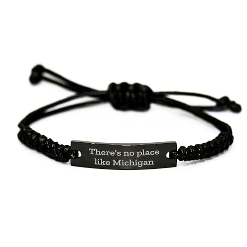 Michigan Rope Bracelet, 'There's No Place Like Michigan' Quote, Adjustable Black Stainless Steel with Interlaced Rope, Unique Graduation Gifts for Men and Women from Michigan Friends to Family