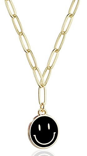 Smiley Face Pendent Necklace Paper Clip Necklace Preppy Jewelay 14k Gold Paperclip Chain Necklace Kids Necklace for Girls, Cute Necklace for Women Teen Girls (Black) Smiley Face Pendent Necklace Paper Clip Necklace Preppy Jewelay 14k Gold Paperclip Chain Necklace Kids Necklace for Girls, Cute Necklace for Women Teen Girls (Black)