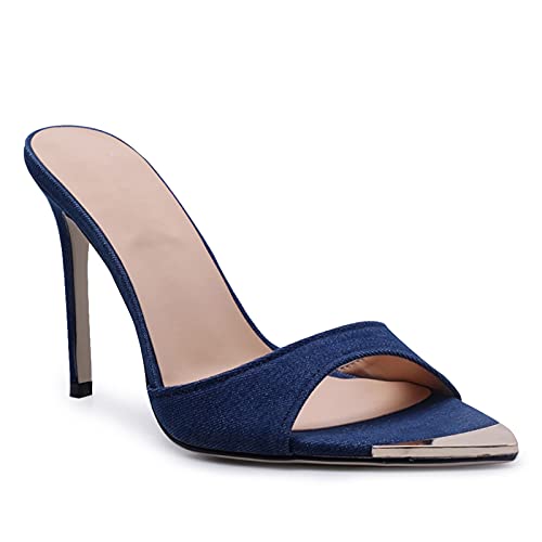 Women's Sexy Stiletto High Heels Slide Sandals Denim Open toe Casual Mules Party Evening Dress Shoes