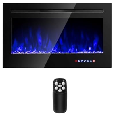 COSTWAY 36-Inch Electric Fireplace, 750W/1500W Wall Recessed and Mounted Fireplace Insert with Remote Control, 9 Flame Colors, 5 Brightness Settings, 8 H Timer, Fireplace Heater for Indoor Use