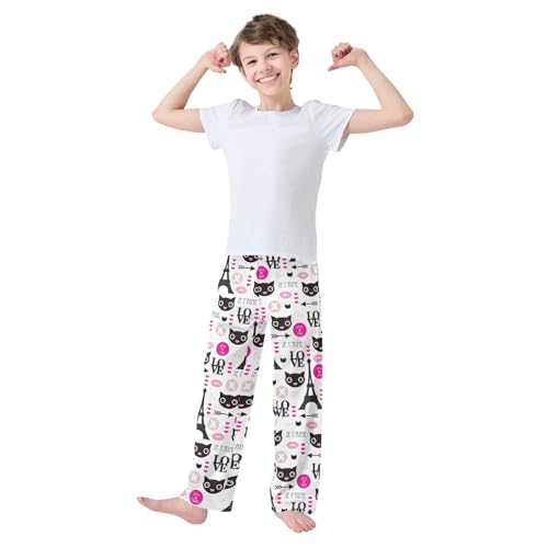 Black Cat Eiffel Tower Boys Long Pants Soft Trousers Elastic Waist Kids Lounge Bottoms with Pockets S-XL2