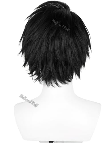 Image of Half and Half Short Black Anime L Note Cosplay Wig for Men Black Emo Costume Gothic Male Wigs with Bangs Layers for Women Unisex Halloween Party