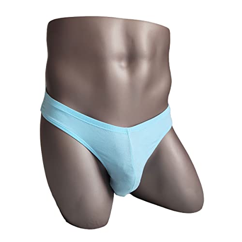 Kitsedit Men's Cotton Thong Big Pouch Sexy Soft Stretchy Black/Grey/Pale Blue 3 Pack (M) #TOP1