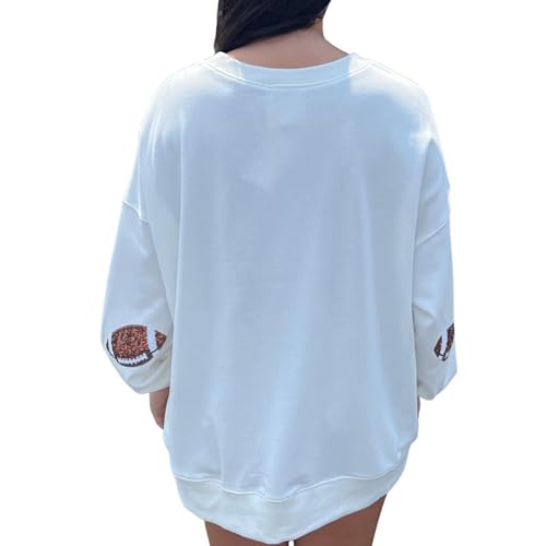 Xunger Women’s Football Print Sequin Sweatshirt Crewneck Oversized Long Sleeve Pullover Tops Gameday Sweatshirts2