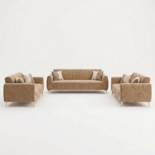 Image of Habibi Rich Velvet Suede 3+2+2 Seater Sofa Set | Spacious Soft Touch Comfort Seating | 7 Person Seating | Modern Living Room Sofa Set (Beige)