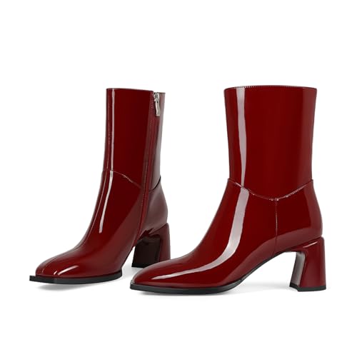Women's Gogo Boots Square Toe Mid Calf Boots for Women Ankle Booties Chunky Heel Dress Boots Patent Leather with Zip3