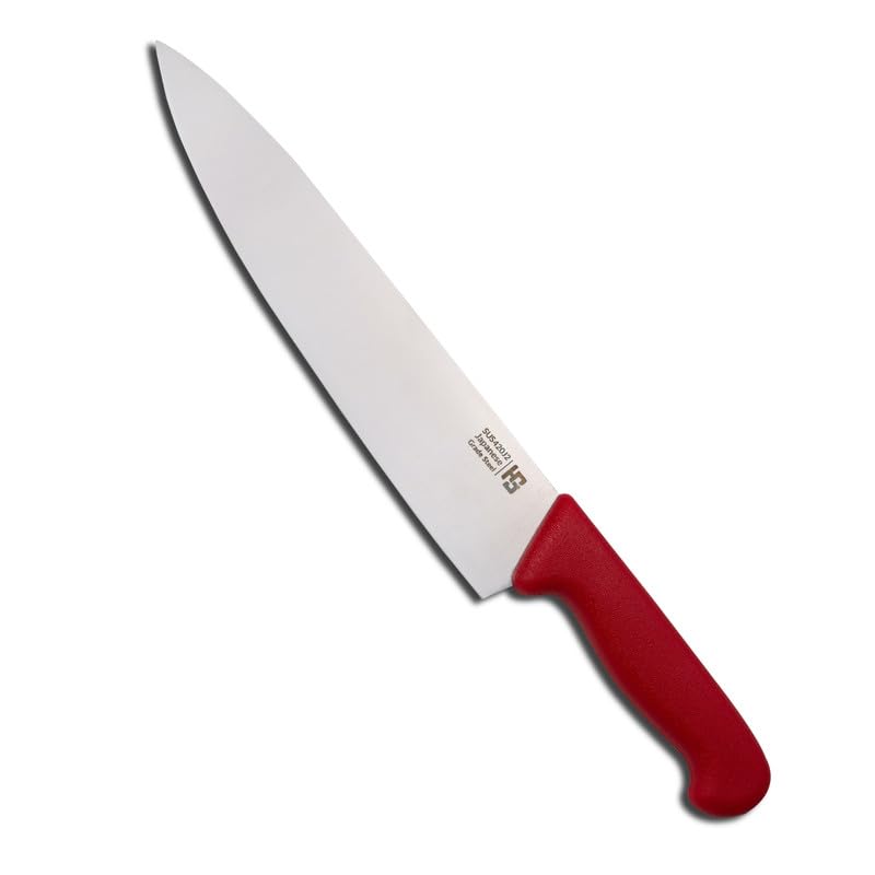 HS 10 inch Professional Chef Knife with Big Curved Handle, Stainless Steel Ultra Sharp Cooking Chef Knife with Corrosion Resistant, Japanese Grade for Home and Commercial Kitchen Knife, Red
