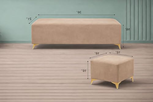 Image of Adorn India Premium Luster 8 Seater L Shape Sofa Set with 2 Puffy & 1 Center Table | Velvet Suede Fabric | 3-Year Warranty | RHS | Beige with Golden Legs & Striped Pattern Cushion