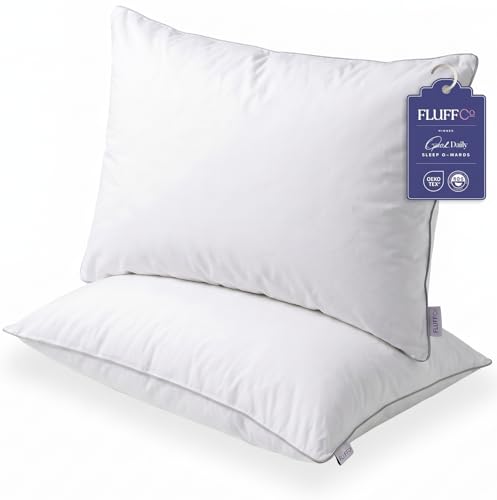 Image of FluffCo Down Alternative Pillows King Size Set of 2 - King Bed Pillows for Sleeping - Made in USA - Cooling Surface and Machine Washable for Side, Back, and Stomach Sleepers