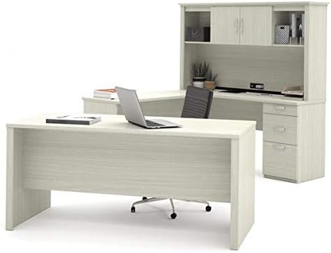 Modern U-Shaped Office Desk with Hutch in White Chocolate
