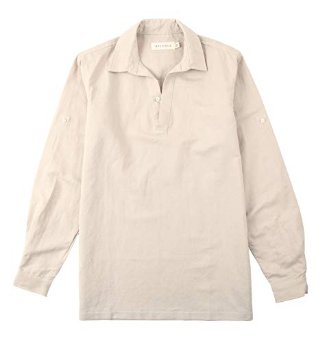 BYLUNTA Mens Linen Cotton Long Sleeve Popover Casual Shirt Regular Fit (Khaki,Large)
