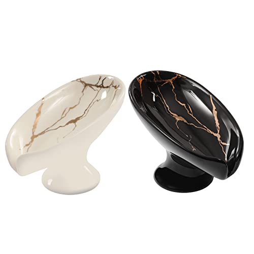 2 jaboneras de cerámica, jabonera, jabonera autodrenante, soporte para jabón, forma de hoja seca, jabonera, cerámica, vintage, adecuado para cocina, baño, ducha (blanco+negro) Cover