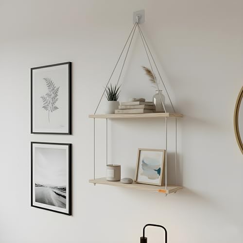 Image of 2 Tier Hanging Shelf | Wall Decor with Adhesive Wall Hooks | Rustic Wood Floating Shelves for Bedroom, Living Room, Kitchen - Boho Swing Plant Holder