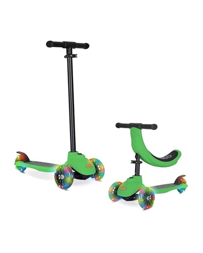 KRIDDO 5-in-1 Kids Kick Scooter, Lean-to-Steer, Toddler Toy Scooter with Adjustable Height, 3 Lighted Wheels, Ideal for Indoor & Outdoor, Gift for Kids Ages 1-5 Years, Green