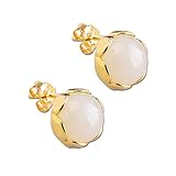 QLYOVWE Rose Quartz Stone Stud Earrings Handmade Gemstone Earrings for Women 8MM Ball Agate Jade Earrings Handmade Sterling Silver Stud Earrings Minimal Moonstone Jewelry (White)