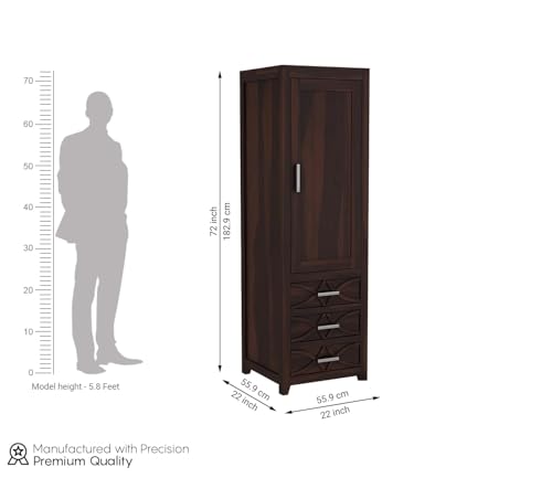 Image of Sheesham Wood Wooden Single Door Wardrobe Organizer for Clothes | - Solid Wood Almirah with 2 Drawers, 2 Shelves with Hanging Space - Cupboard for Large Bedroom, Walnut Finish