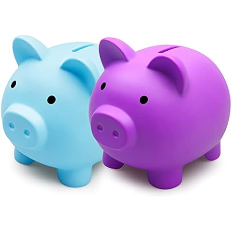 Aufind 2 Pack Cute Piggy Bank Unbreakable Plastic Pig Money Bank Pig Money Box Coin Bank for Girls Boys Kids Practical Gifts for Birthday(Blue, Purple, L) Cover